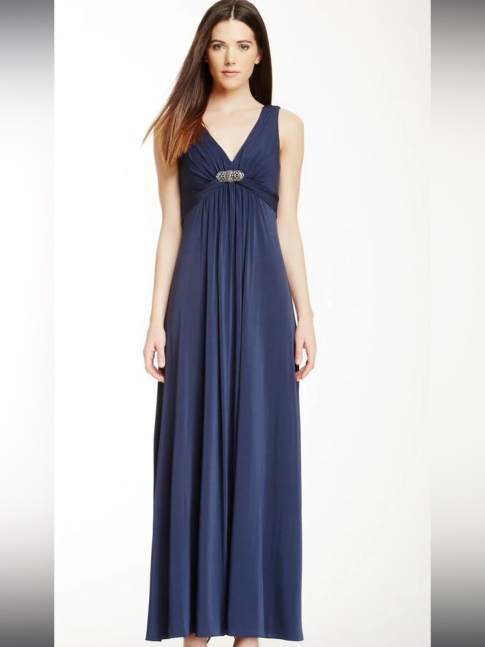 Bcbg max azria navy blue long jersey dress with crystal broach sleeveless